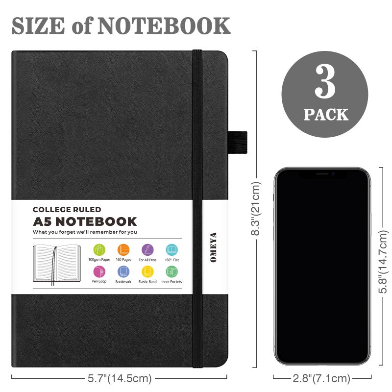 OMEYA Lined Journal Notebook, 3 Pack A5 College Ruled Notebooks for Work, Hardcover Notebook Each with 2 Pockets & Pen, Leather Journal for Women, Men, 160 Pages, 100GSM Thick Paper (Black, Brown, Grey) - Image 5