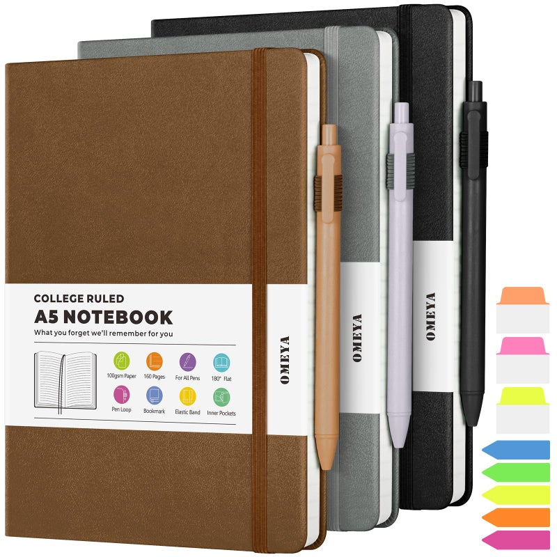 OMEYA Lined Journal Notebook, 3 Pack A5 College Ruled Notebooks for Work, Hardcover Notebook Each with 2 Pockets & Pen, Leather Journal for Women, Men, 160 Pages, 100GSM Thick Paper (Black, Brown, Grey) - Image 1