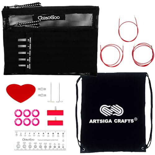 ChiaoGoo Twist Red Lace 5-Inch Mini 7500-M Interchangeable Circular Needle Set, Sizes US 000, 00, 0, 1, 1.5 with 3 Cords, Connectors, Stitch Markers, Stoppers with Project Bag - Image 1