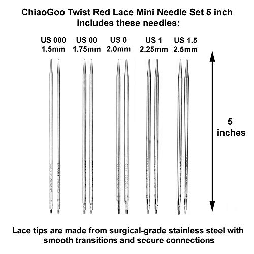 ChiaoGoo Twist Red Lace 5-Inch Mini 7500-M Interchangeable Circular Needle Set, Sizes US 000, 00, 0, 1, 1.5 with 3 Cords, Connectors, Stitch Markers, Stoppers with Project Bag - Image 3