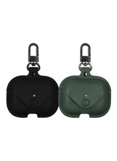 YOMNA Protective Leather Case Compatible with AirPods Pro 2 Case, Wireless Charging Case Headphones EarPods, Soft Leather Cover with Carabiner Clip (Black/Dark Green) - (Set of 2)