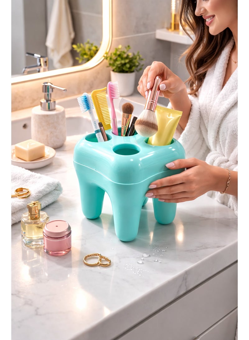 حامل ومنظم لفرش ومعجون الأسنان وأدوات المكياج بلاستيك بتصميم مبتكر على شكل ضرس بـ 5 فتحات - أزرق فاتح (تركواز) - Image 2