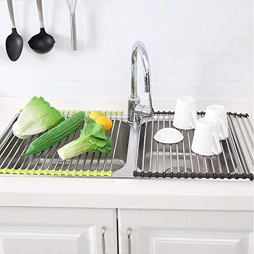 CLEMATIS Drain Rack | Stainless Steel Foldable Roll-Up Over Sink Fruit Vegetable Utensils Drying Rack Dish Drainer Mat for Kitchen (Multicolor) - Image 1
