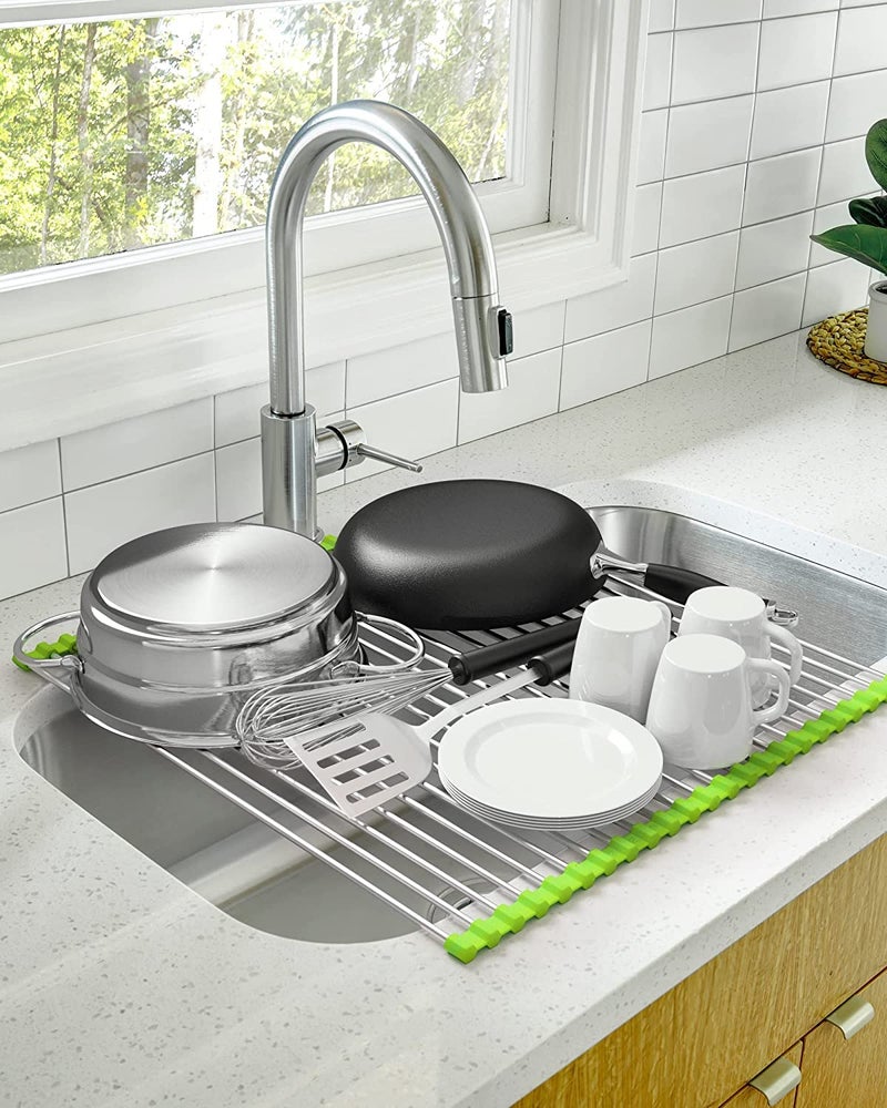 CLEMATIS Drain Rack | Stainless Steel Foldable Roll-Up Over Sink Fruit Vegetable Utensils Drying Rack Dish Drainer Mat for Kitchen (Multicolor) - Image 2