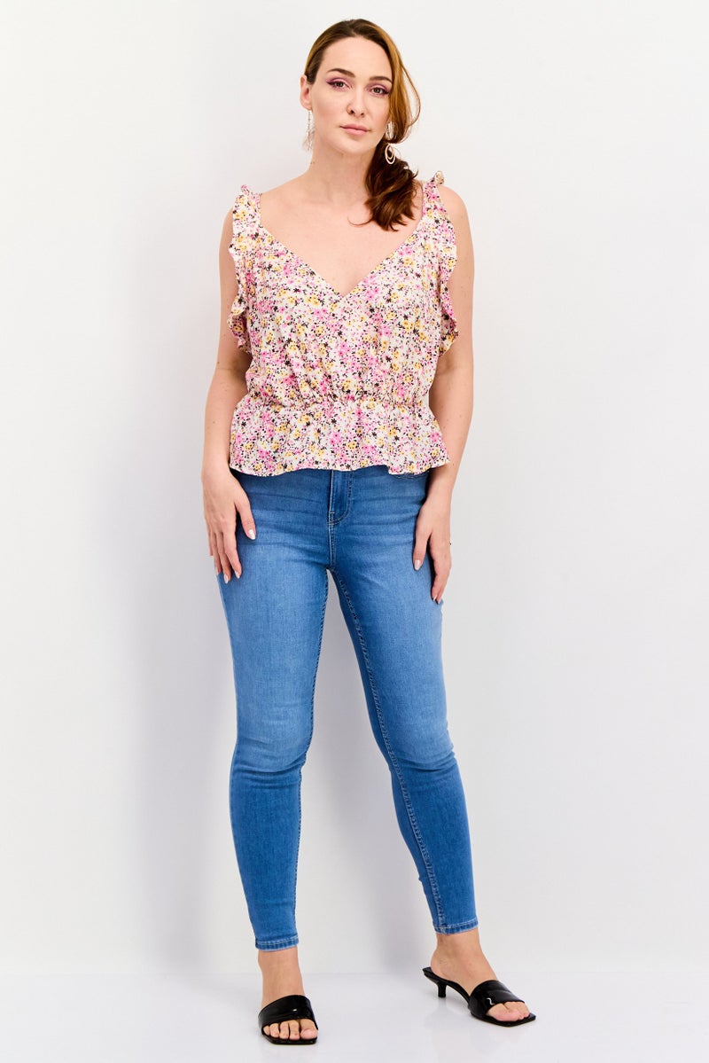 Reserved Women V Neck Sleeveless Floral Printed Tank Top, Pink Combo - Image 3