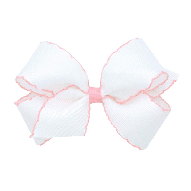Wee Ones Girls' Classic Grosgrain Moonstitch Edge Hair Bow, No-Slip Hair Clip, Handmade, White with Light Pink, Medium - Image 1
