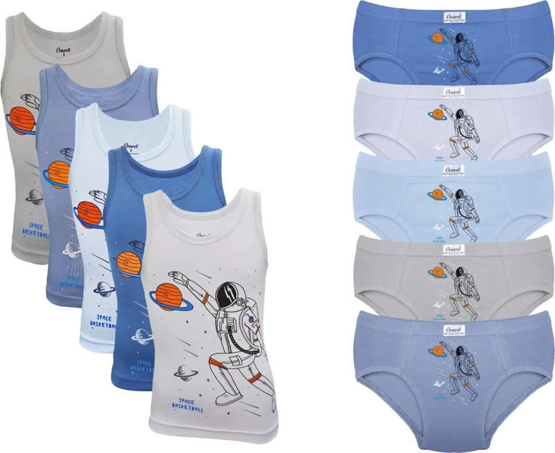 اونوريل 5-Piece Astronaut Printed Boy Lycra Colorful Undershirt Briefs Set
