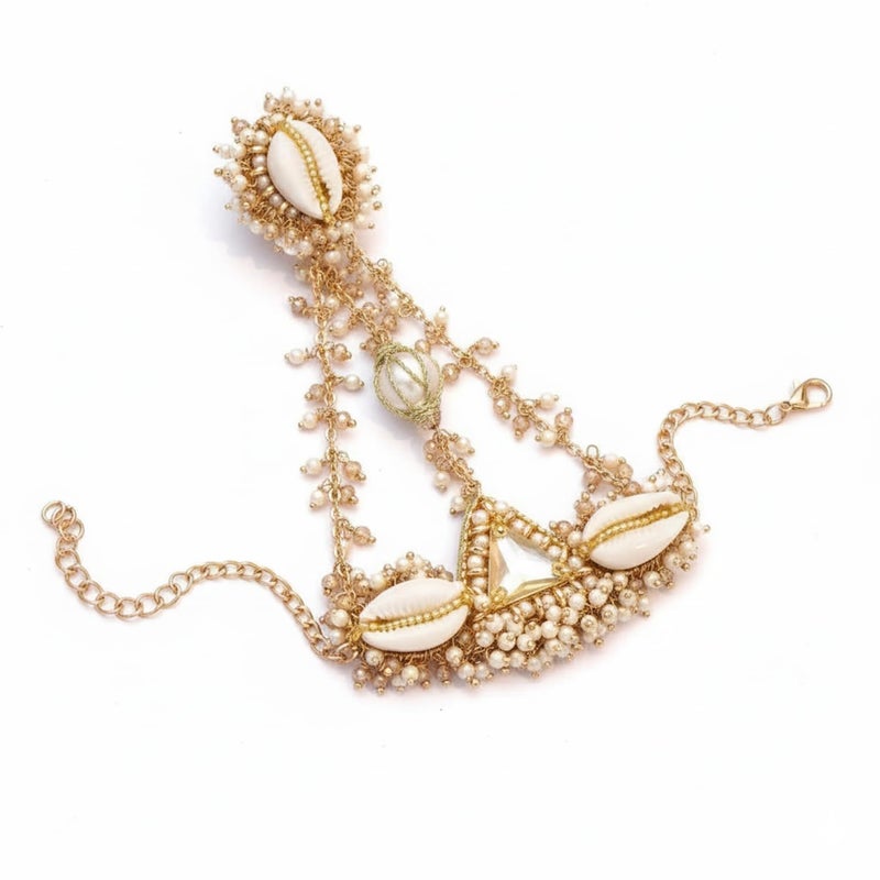 SANJOYA Traditional Cowrie Shell & Pearl Haath Phool for Haldi | Gold-Tone Kundan Beaded Indian Ethnic Hand Chain Bracelet with Shell & Pearl Drops | Mehndi Sangeet Wedding Hand Jewellery for Women & Girls - Image 5