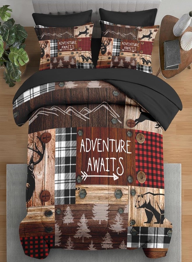 Pamnest Comforter Set Queen Size, Wood Bear Deer Animal 7 Pcs Bedding for Kids and Adults, Vintage Adventure Plaid Brown Bed Sheet Sets with Fitted Sheet 2 Pillowcase & 2 Sham for Bedroom Bed Decor - Image 1