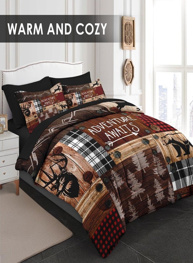 Pamnest Comforter Set Queen Size, Wood Bear Deer Animal 7 Pcs Bedding for Kids and Adults, Vintage Adventure Plaid Brown Bed Sheet Sets with Fitted Sheet 2 Pillowcase & 2 Sham for Bedroom Bed Decor - Image 2