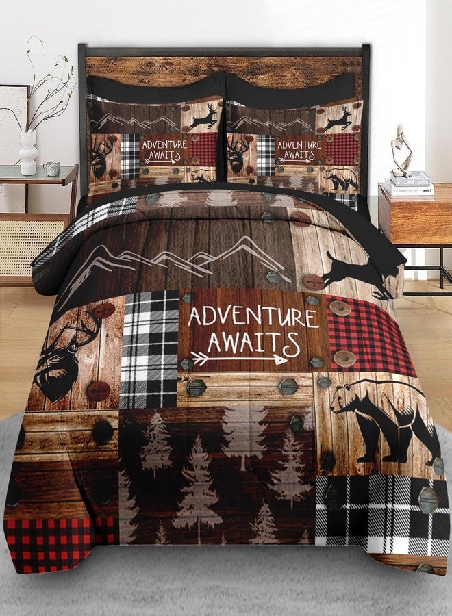 Pamnest Comforter Set Queen Size, Wood Bear Deer Animal 7 Pcs Bedding for Kids and Adults, Vintage Adventure Plaid Brown Bed Sheet Sets with Fitted Sheet 2 Pillowcase & 2 Sham for Bedroom Bed Decor - Image 3