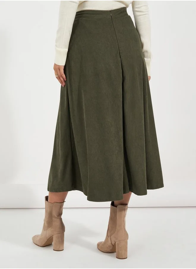 Styli Corduroy Flared Midi Skirt with Button Detail