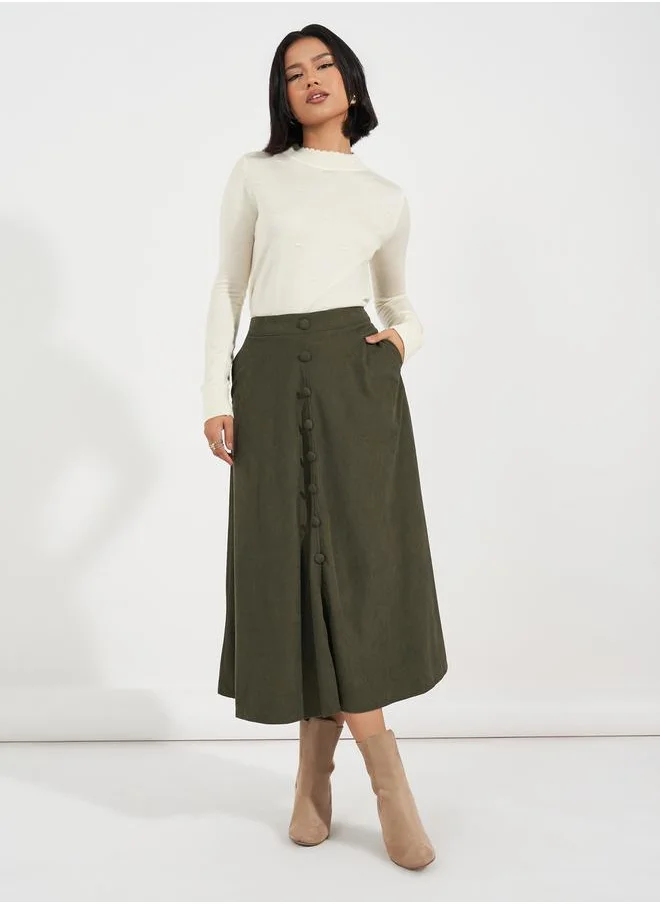 Styli Corduroy Flared Midi Skirt with Button Detail