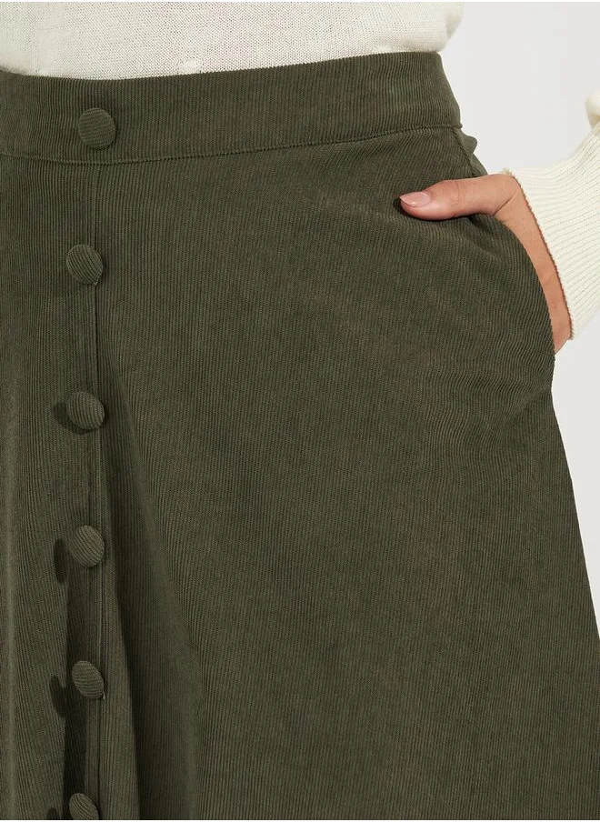 Styli Corduroy Flared Midi Skirt with Button Detail