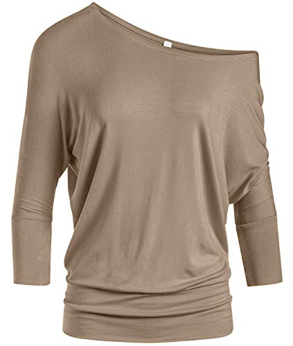 Simlu Womens Khaki Long Sleeve Shirt Khaki Round Neck Top Beige Dolman Top Boat Neck Tops for Women (Size X-Large, Khaki) - Image 1