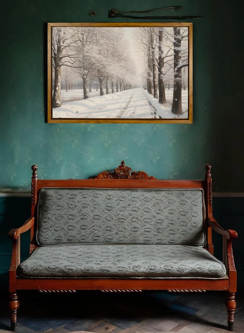 LOWHA Canvas Wall Art Stretched Over Wooden Frame with Wooden Color Floating Frame and Vintage Style Snowy Forest Scene Painting
