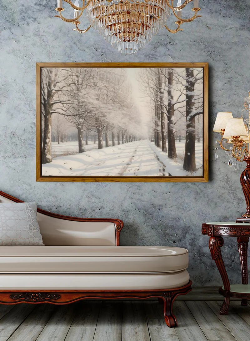 LOWHA Canvas Wall Art Stretched Over Wooden Frame with Wooden Color Floating Frame and Vintage Style Snowy Forest Scene Painting
