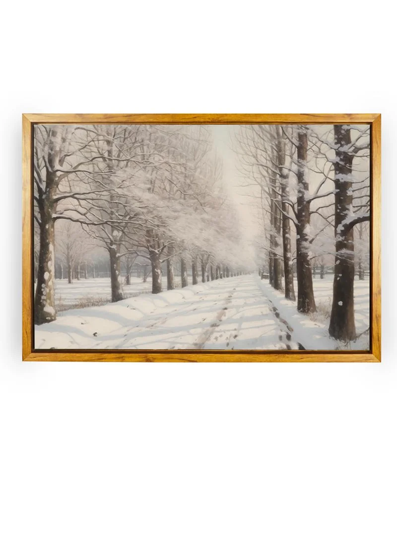 LOWHA Canvas Wall Art Stretched Over Wooden Frame with Wooden Color Floating Frame and Vintage Style Snowy Forest Scene Painting