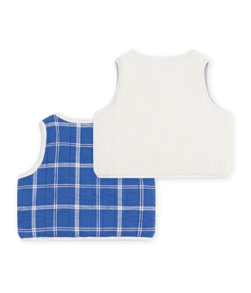 Petit Bateau Babies' Sleeveless Checked Flannel And Sherpa Cardigan