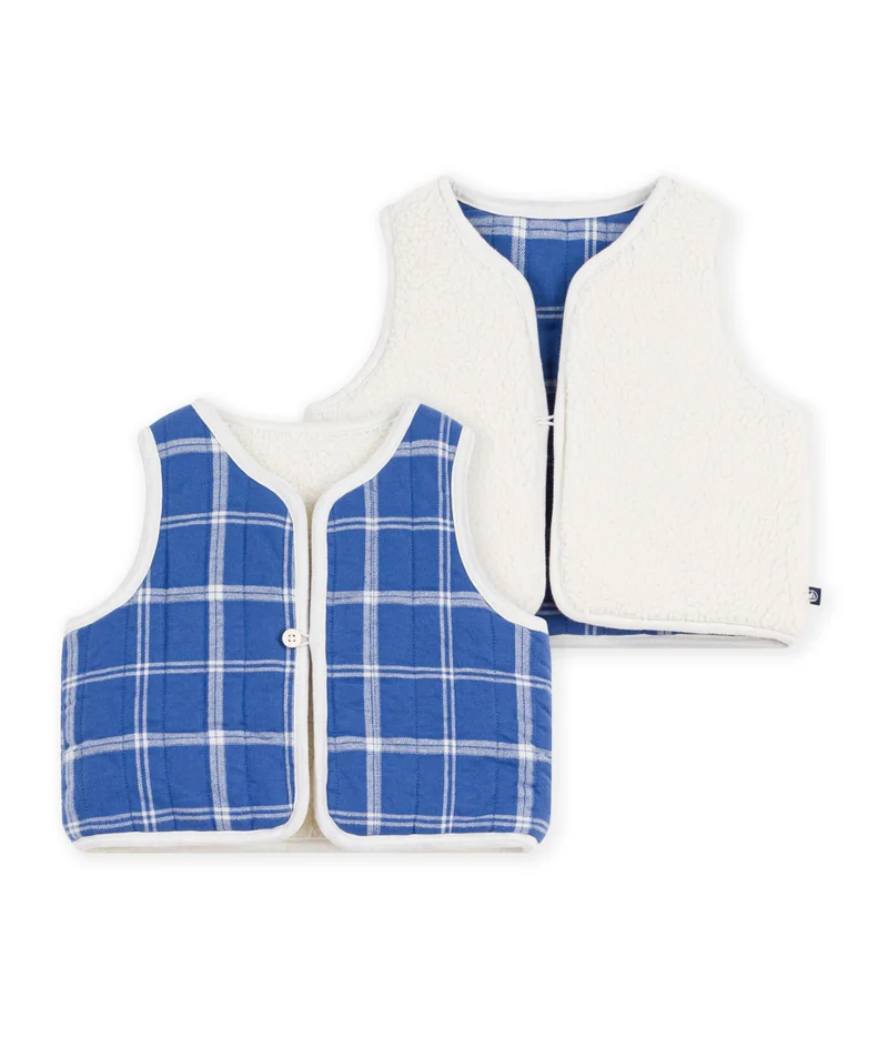 Petit Bateau Babies' Sleeveless Checked Flannel And Sherpa Cardigan