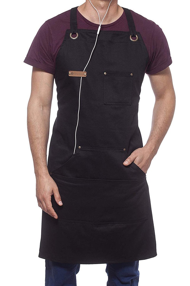 Priti - Professional Cooking Apron BBQ Grill Designed for Chef Kitchen / 10 OZ Black Cotton Women's & Men's Bib Adjustable/Towel Loop + Quick Release Buckle + Tool Pocket + Headphone Loop - Image 2