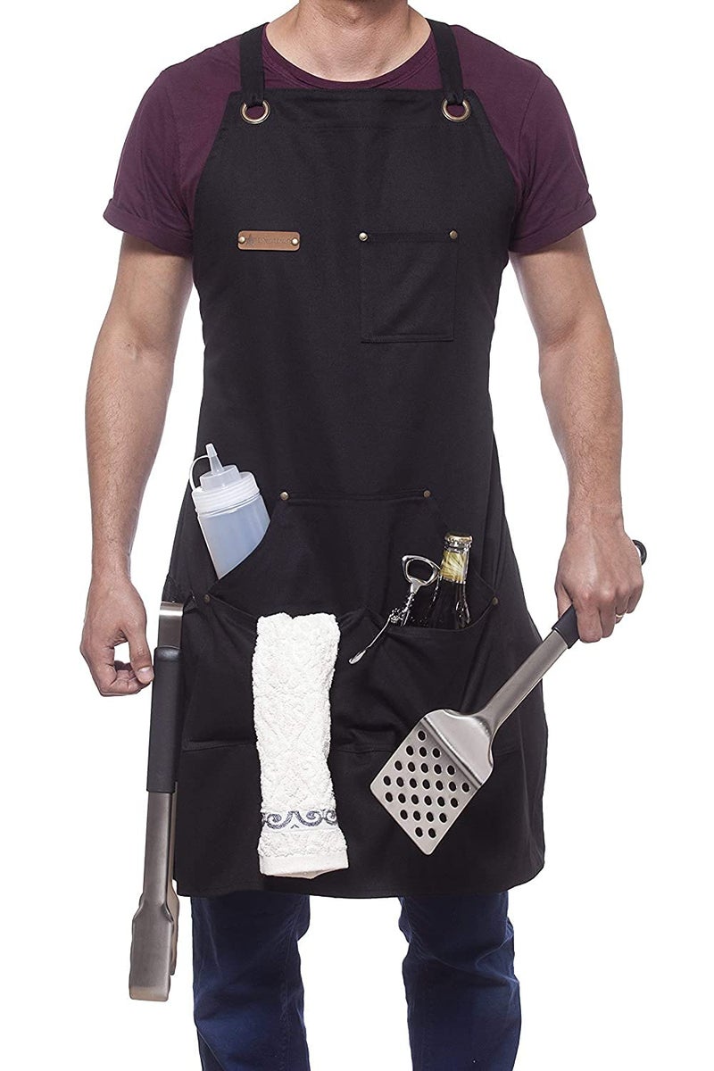 Priti - Professional Cooking Apron BBQ Grill Designed for Chef Kitchen / 10 OZ Black Cotton Women's & Men's Bib Adjustable/Towel Loop + Quick Release Buckle + Tool Pocket + Headphone Loop - Image 1