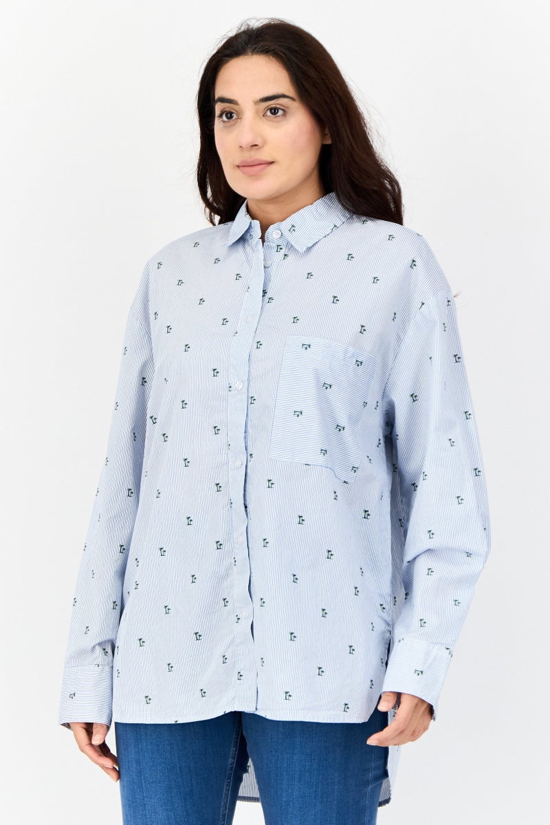 bebe Women Pointed Collar Long Sleeve Micro Stripe Shirt, Multicolor - Image 1