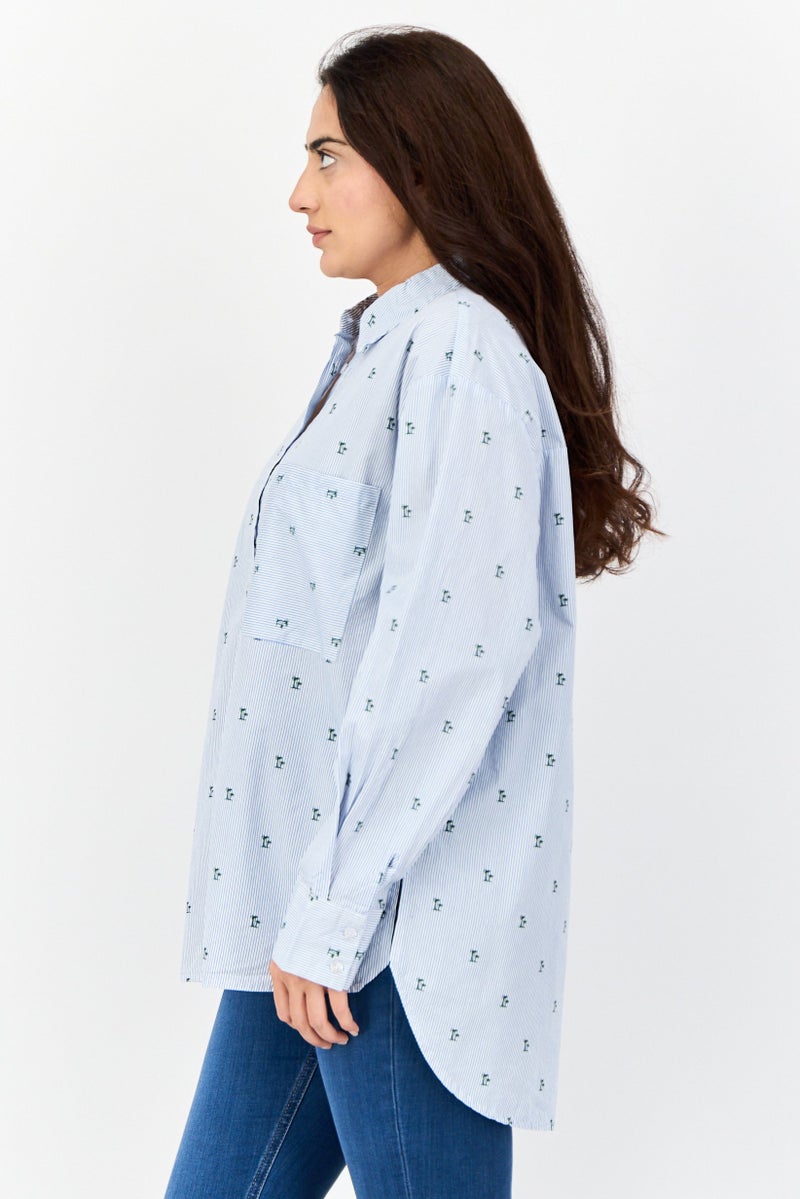 bebe Women Pointed Collar Long Sleeve Micro Stripe Shirt, Multicolor - Image 2