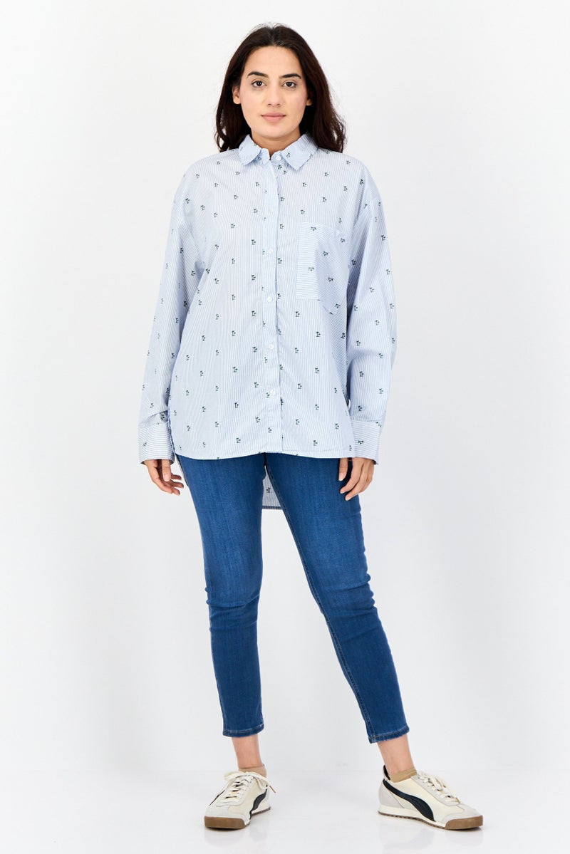 bebe Women Pointed Collar Long Sleeve Micro Stripe Shirt, Multicolor - Image 4