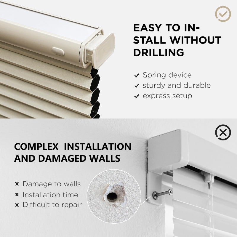 Joydeco No Tools No Drill Window Blinds for Indoor Windows, Blackout Shades Cellular Shades Cordless, No Drill Blinds for Windows, Window Shades for Home, Bedrooms, Doors (Beige, 34" W x 64" H) - Image 2