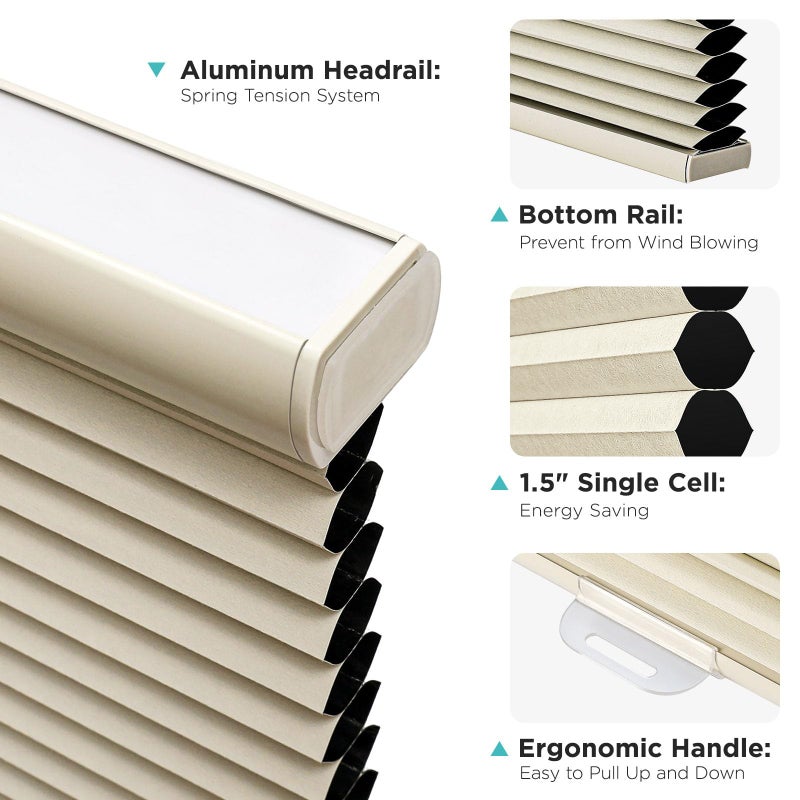Joydeco No Tools No Drill Window Blinds for Indoor Windows, Blackout Shades Cellular Shades Cordless, No Drill Blinds for Windows, Window Shades for Home, Bedrooms, Doors (Beige, 34" W x 64" H) - Image 4