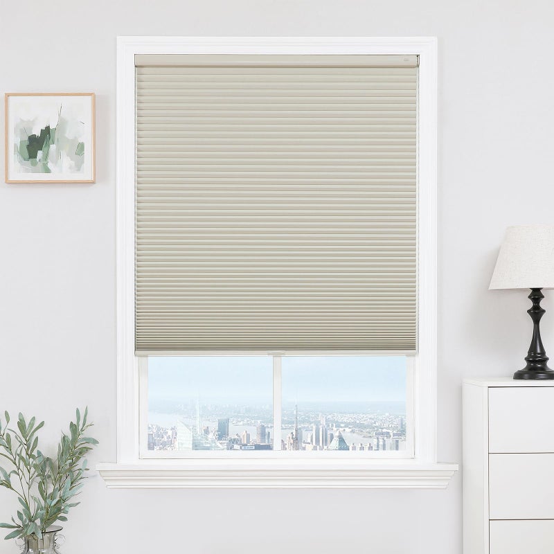 Joydeco No Tools No Drill Window Blinds for Indoor Windows, Blackout Shades Cellular Shades Cordless, No Drill Blinds for Windows, Window Shades for Home, Bedrooms, Doors (Beige, 34" W x 64" H) - Image 1