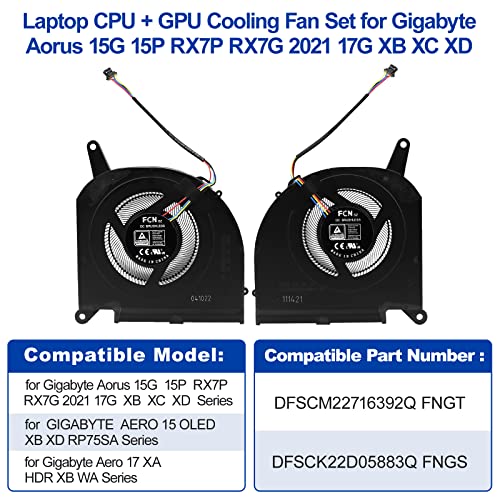 ARLBA CPU+GPU Cooling Fan Replacement for Gigabyte Aorus 15G 15P RX7P RX7G 2021 RTX30 17G XB XC XD GIGABYTE AERO 15 OLED XB XD RP75SA Gigabyte Aero 17 XA HDR WA Series FNGT FNGS DC12V 1A Fan 10mm Thick - Image 3