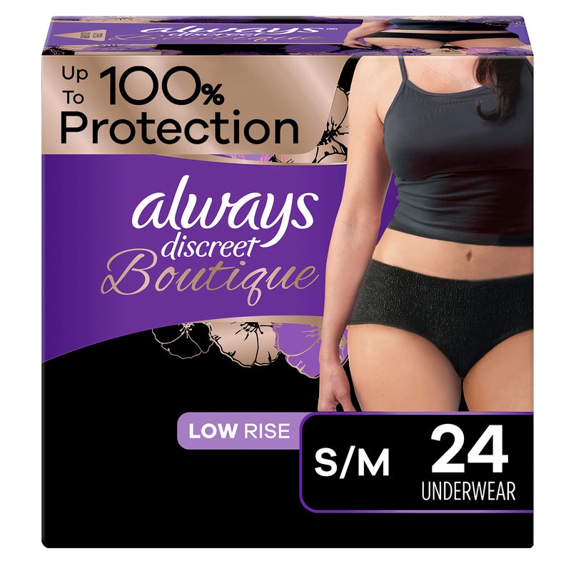 Always Discreet Boutique Adult Incontinence & Postpartum Underwear for Women, Low-Rise, Size Small/Medium, Black, Maximum Absorbency, Disposable, 24 Count (Packaging May Vary) - Image 1