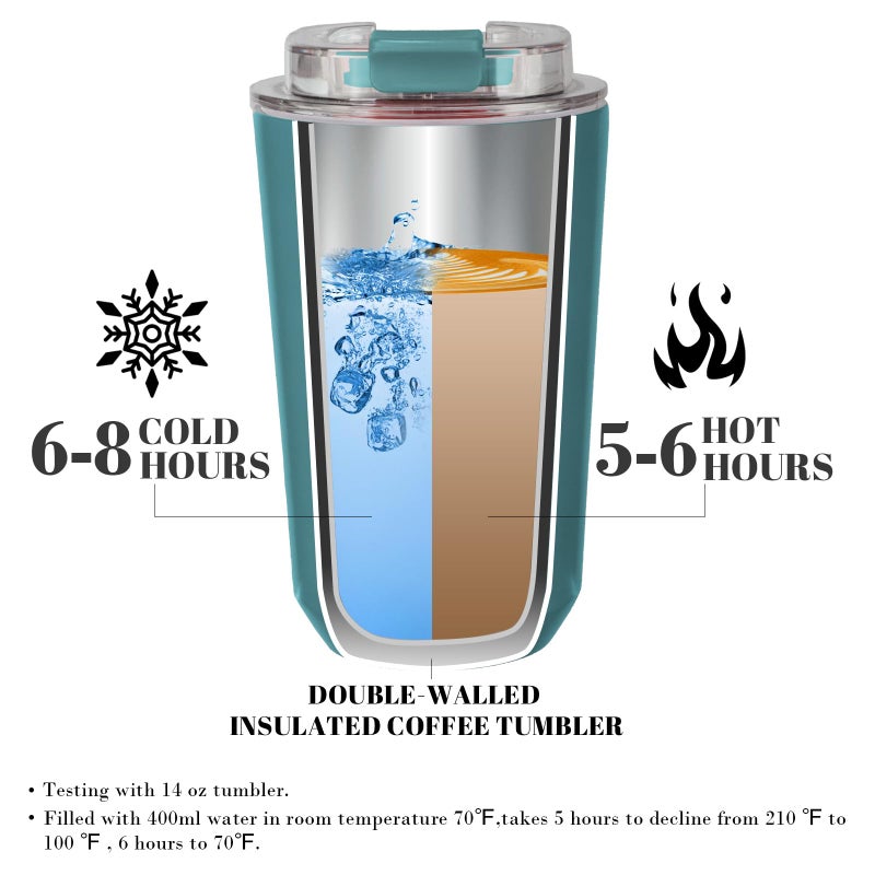 Puraville Insulated Tumblers with Lid  14 oz Travel Coffee Mug Stainless Steel Vacuum Thermos Cup  10/14 oz Leak Proof Reusable Double Walled Coffee Tumbler for Iced and Hot Drinks Peacock Blue - Image 3