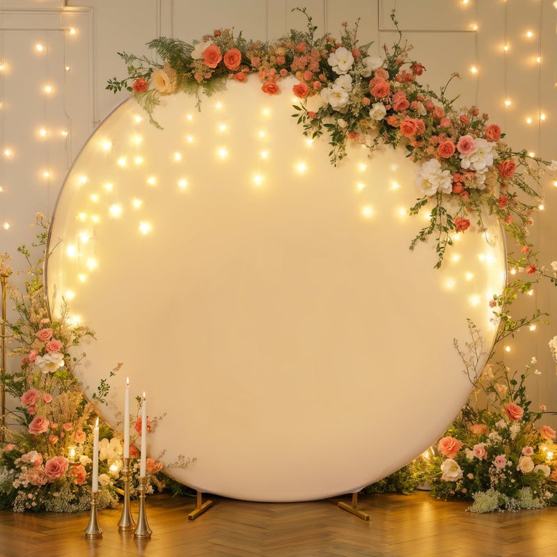 Suppromo 7.2 FT White Round Backdrop Cover with Lights String for Circle Arch Stand Circle Backdrop Cover with LED Fairy Lights for Wedding Arch Baby Shower Birthday Party Photo Shoot Photography Background - Image 1