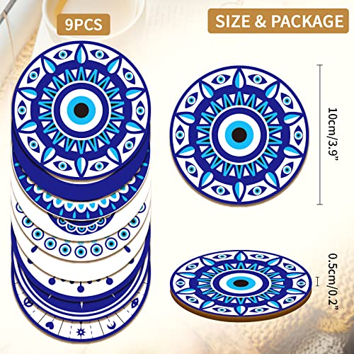 BENECREAT 9Pcs Evil Eye Wood Coasters Butterfly Mandala Flower Wood Drink Coaster Coffee Cup Mat for Kitchen Table Bar Cup Home Dining Decor 4 Diameter 5mm Thick - Image 3