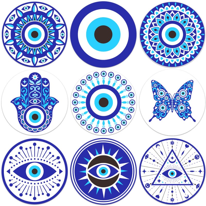 BENECREAT 9Pcs Evil Eye Wood Coasters Butterfly Mandala Flower Wood Drink Coaster Coffee Cup Mat for Kitchen Table Bar Cup Home Dining Decor 4 Diameter 5mm Thick - Image 2