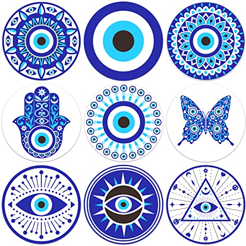 BENECREAT 9Pcs Evil Eye Wood Coasters Butterfly Mandala Flower Wood Drink Coaster Coffee Cup Mat for Kitchen Table Bar Cup Home Dining Decor 4 Diameter 5mm Thick - Image 1