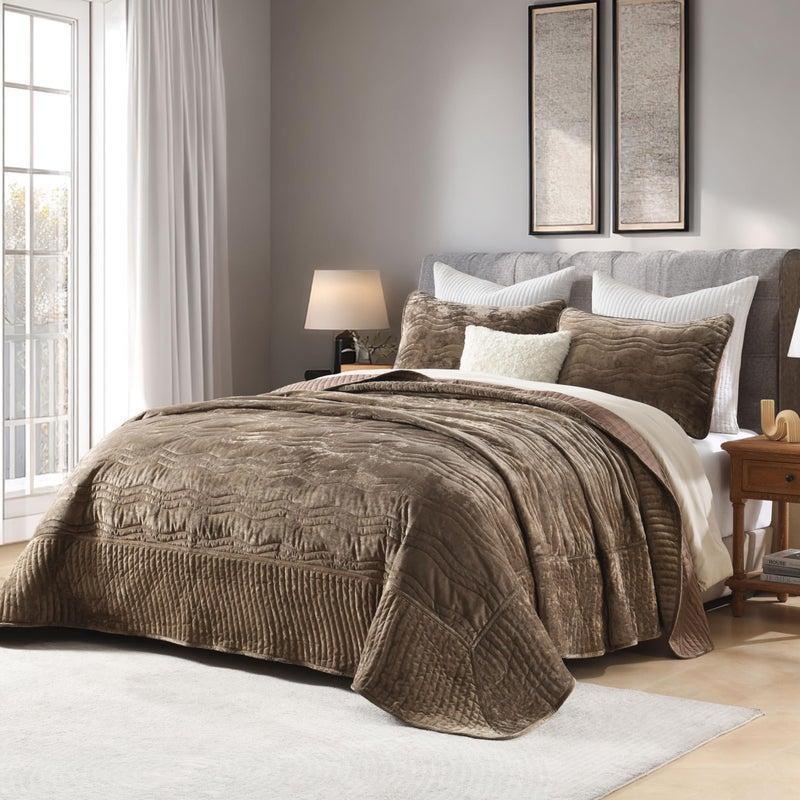 AJOCCI Velvet California King Size Quilt, Oversized California Comforter Set Mocha Brown Bedding Set (118â€*106â€) with 2 Pillow Shams, Luxurious Quilt Set,All-Season 3 Pieces - Image 2