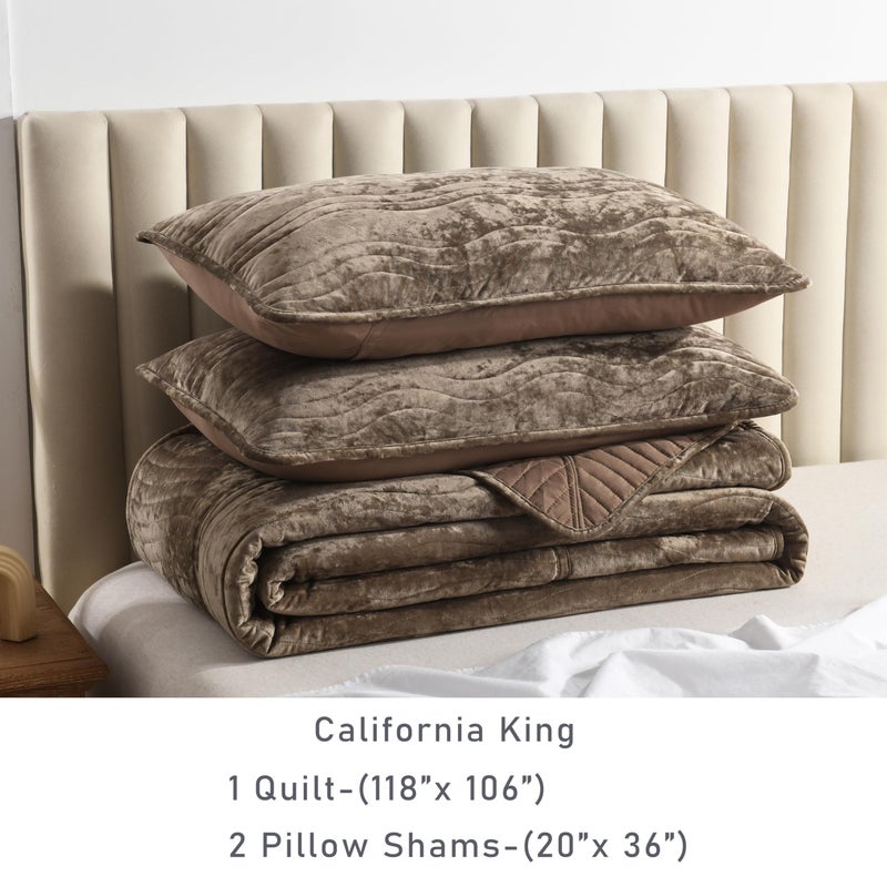 AJOCCI Velvet California King Size Quilt, Oversized California Comforter Set Mocha Brown Bedding Set (118â€*106â€) with 2 Pillow Shams, Luxurious Quilt Set,All-Season 3 Pieces - Image 5