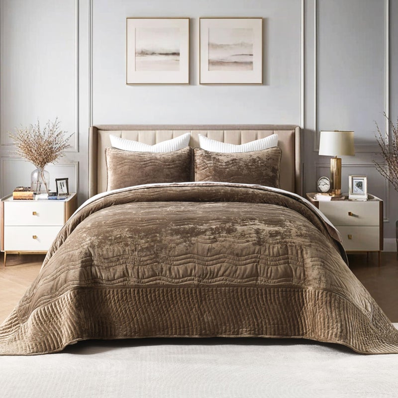 AJOCCI Velvet California King Size Quilt, Oversized California Comforter Set Mocha Brown Bedding Set (118â€*106â€) with 2 Pillow Shams, Luxurious Quilt Set,All-Season 3 Pieces - Image 1