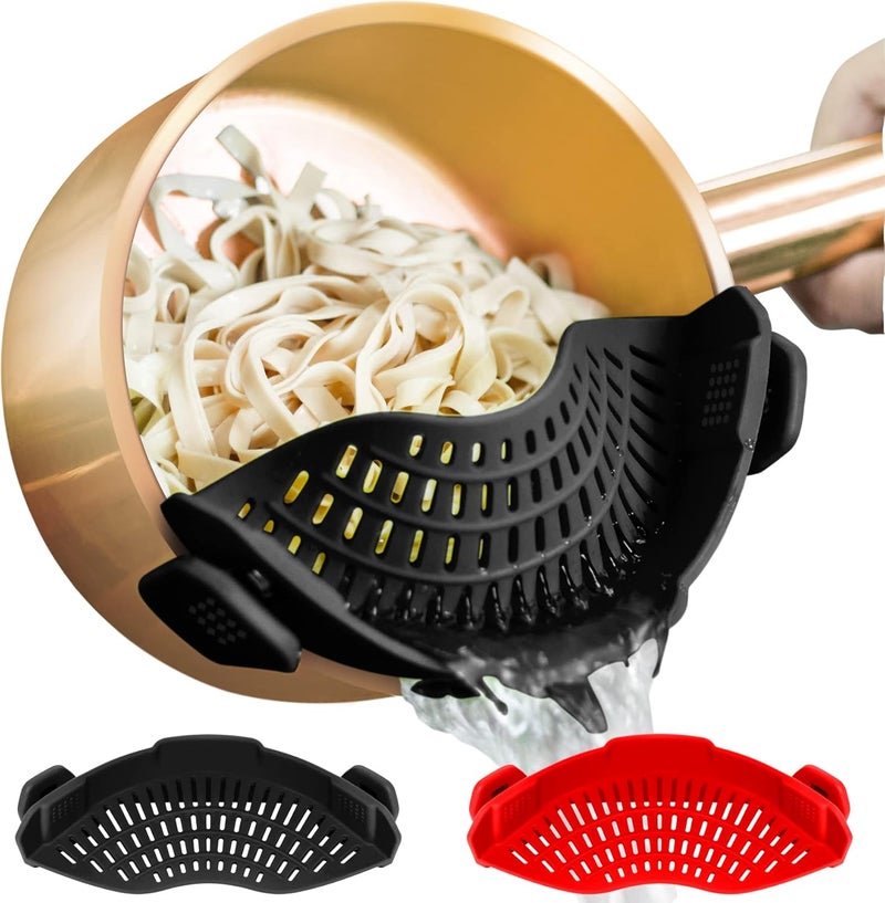 AUOON 2PACK Clip on Strainer for All Pots Pans - Silicone Kitchen Colander Food Strainer for Pasta Meat Vegetable Fruits | Easy to Use and Store, Dishwasher Safe (BlackRed) - Image 1