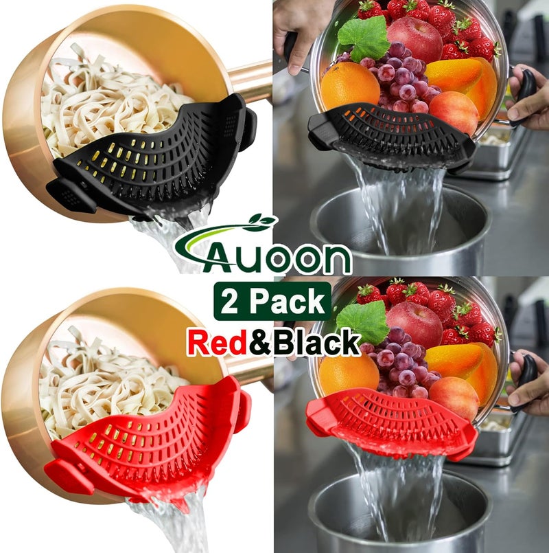 AUOON 2PACK Clip on Strainer for All Pots Pans - Silicone Kitchen Colander Food Strainer for Pasta Meat Vegetable Fruits | Easy to Use and Store, Dishwasher Safe (BlackRed) - Image 2
