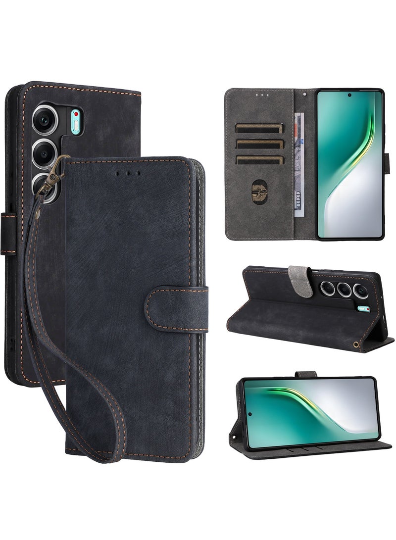 For Tecno Camon 40 Pro 5G Flip Cover with Detachable lanyard, PU Leather Full Body Protection Shockproof Flip Mobile Phone Case, RFID Anti-theft Brush Folio Wallet Case  - Image 1