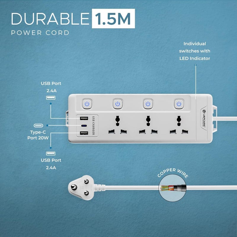 Lapcare Smart Surge Protector with Individual Switch, 250 Volts Extension Board, 3AC Socket 2500W, PD 20w & 2xUSB, 1.5M Copper Cord, Overload Protection, Safety Shutter, Durable PP Body - Image 3