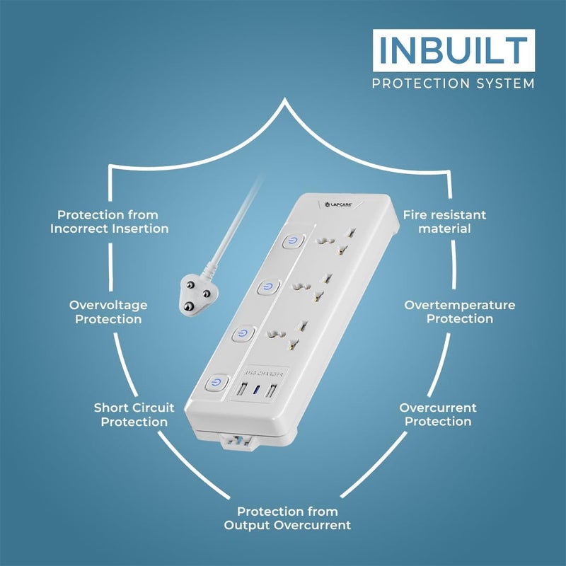 Lapcare Smart Surge Protector with Individual Switch, 250 Volts Extension Board, 3AC Socket 2500W, PD 20w & 2xUSB, 1.5M Copper Cord, Overload Protection, Safety Shutter, Durable PP Body - Image 4