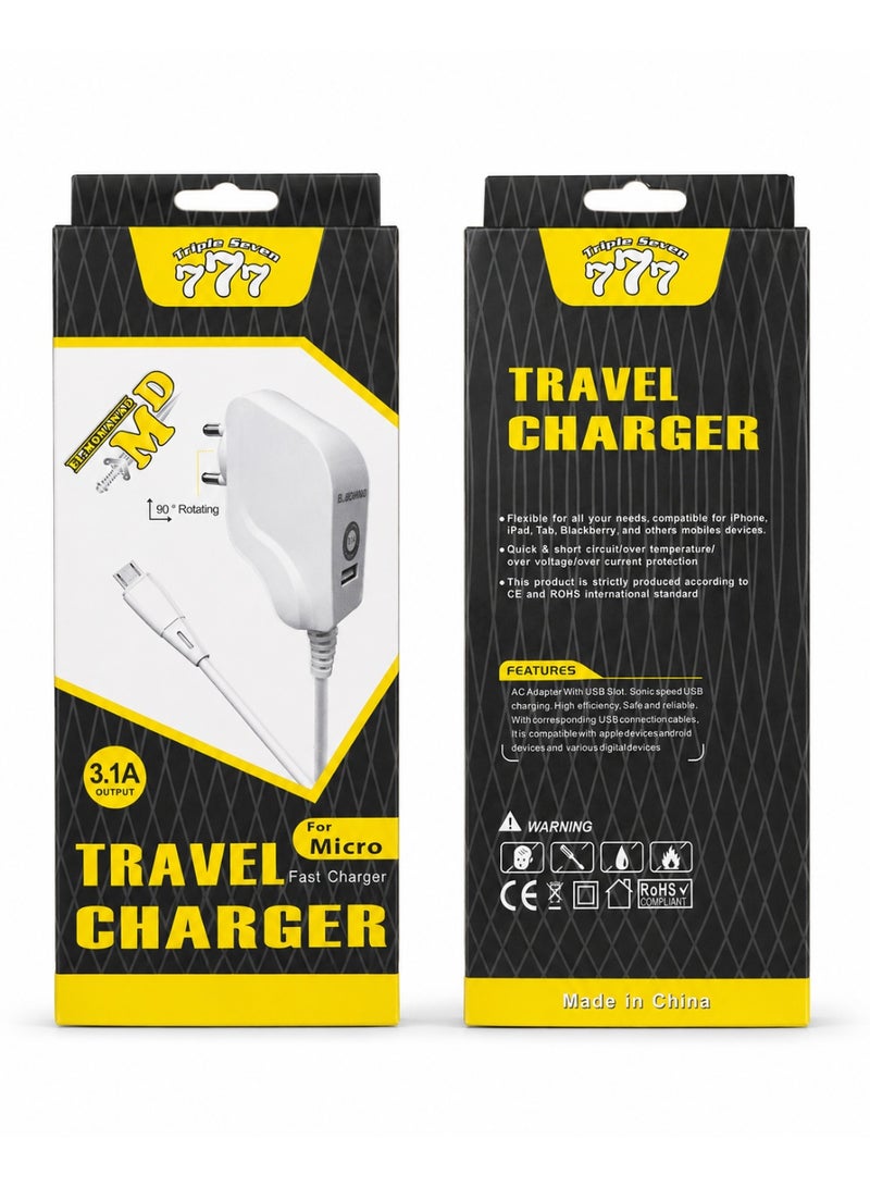777 شاحن حائط للسفر تريبل سفن (Triple Seven 777) شحن سريع بقوة 3.1 أمبير مع كابل مايكرو (Micro USB) مدمج ومنفذ USB إضافي وقابس دوار 90 درجة - أبيض - Image 5