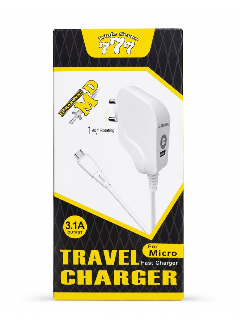 777 شاحن حائط للسفر تريبل سفن (Triple Seven 777) شحن سريع بقوة 3.1 أمبير مع كابل مايكرو (Micro USB) مدمج ومنفذ USB إضافي وقابس دوار 90 درجة - أبيض - Image 3