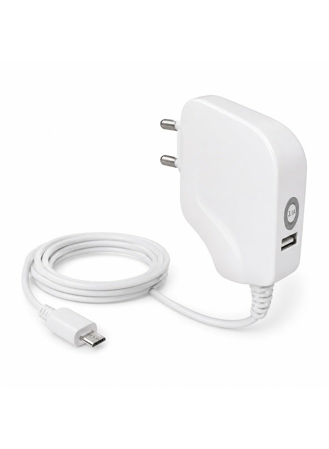 777 شاحن حائط للسفر تريبل سفن (Triple Seven 777) شحن سريع بقوة 3.1 أمبير مع كابل مايكرو (Micro USB) مدمج ومنفذ USB إضافي وقابس دوار 90 درجة - أبيض - Image 1